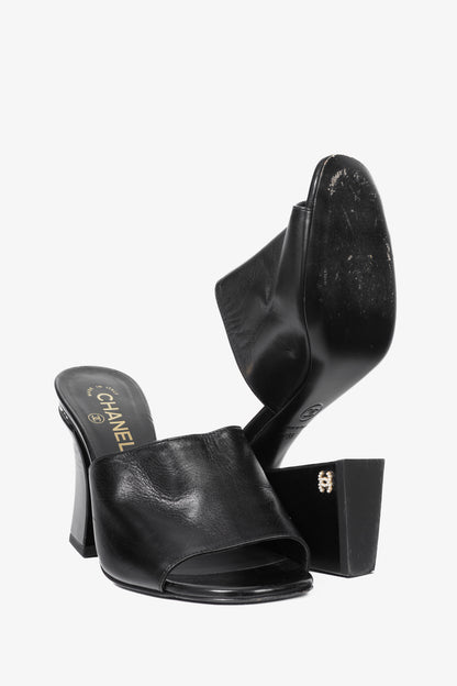 Chanel Black Leather Pearl-Embellished Heeled Mules