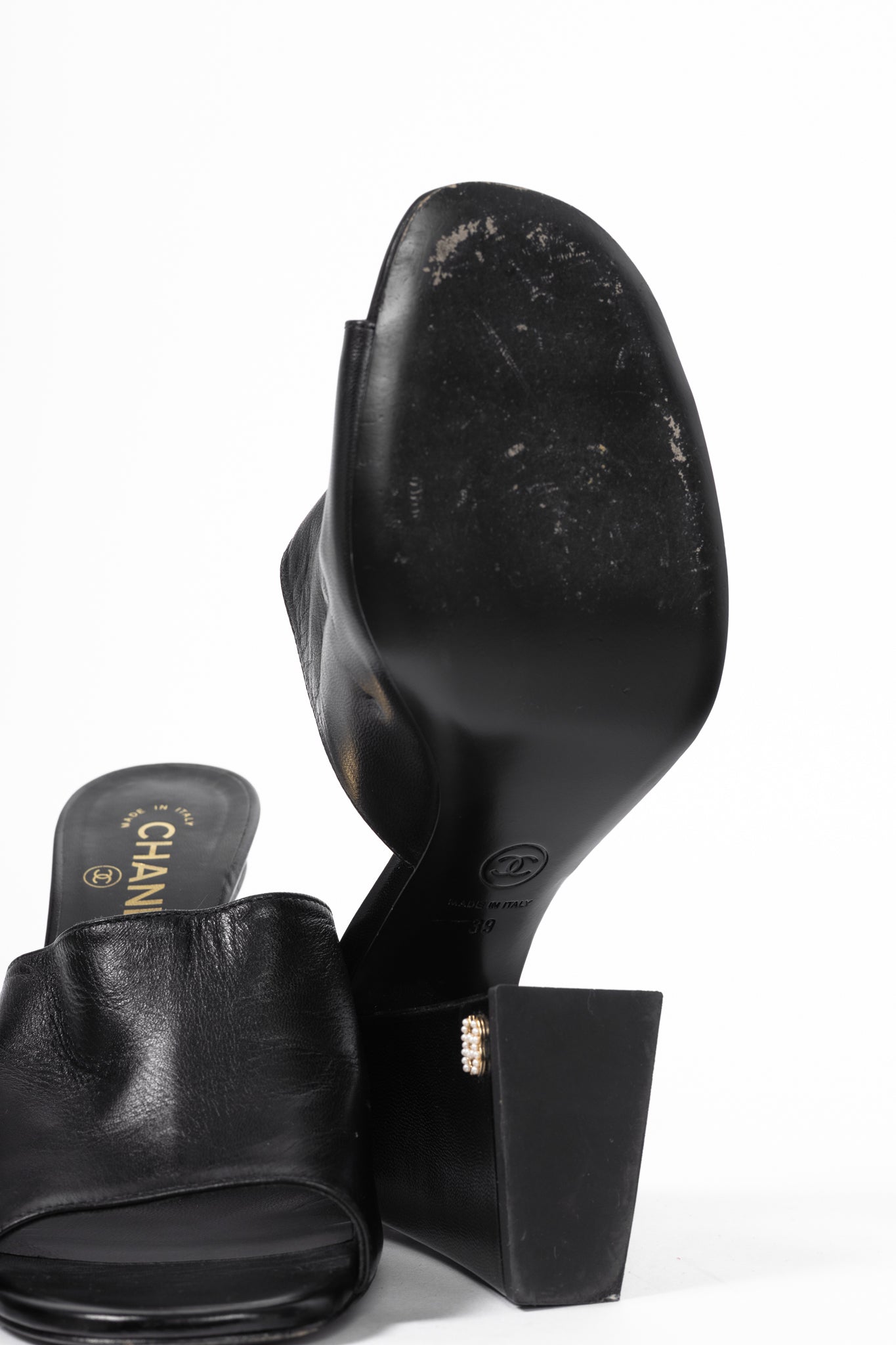 Chanel Black Leather Pearl-Embellished Heeled Mules