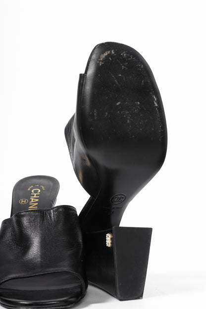 Chanel Black Leather Pearl-Embellished Heeled Mules