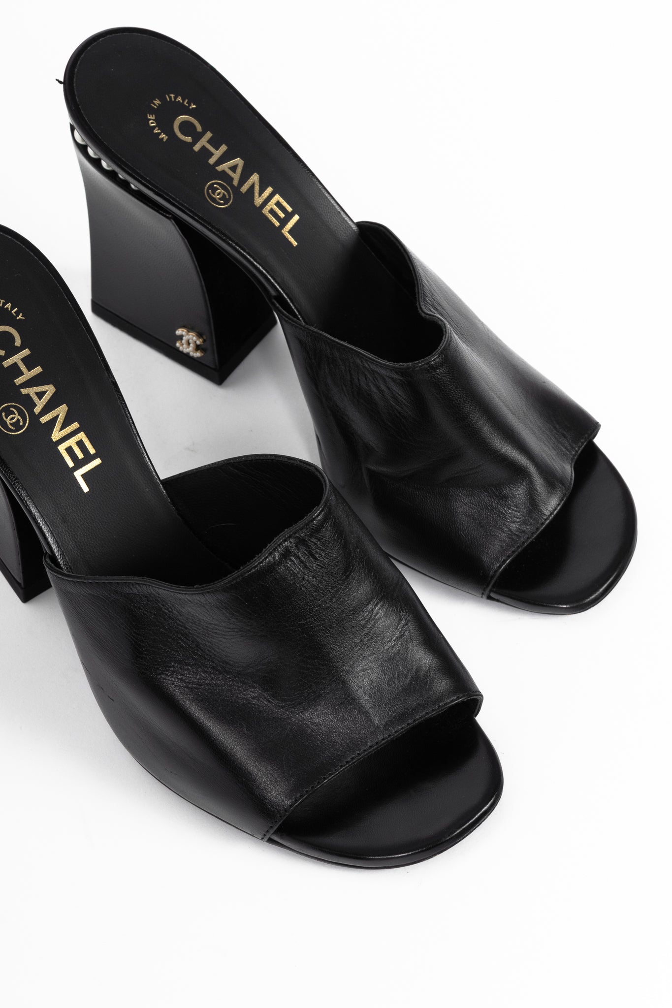 Chanel Black Leather Pearl-Embellished Heeled Mules