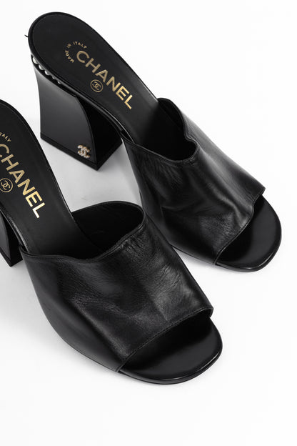 Chanel Black Leather Pearl-Embellished Heeled Mules