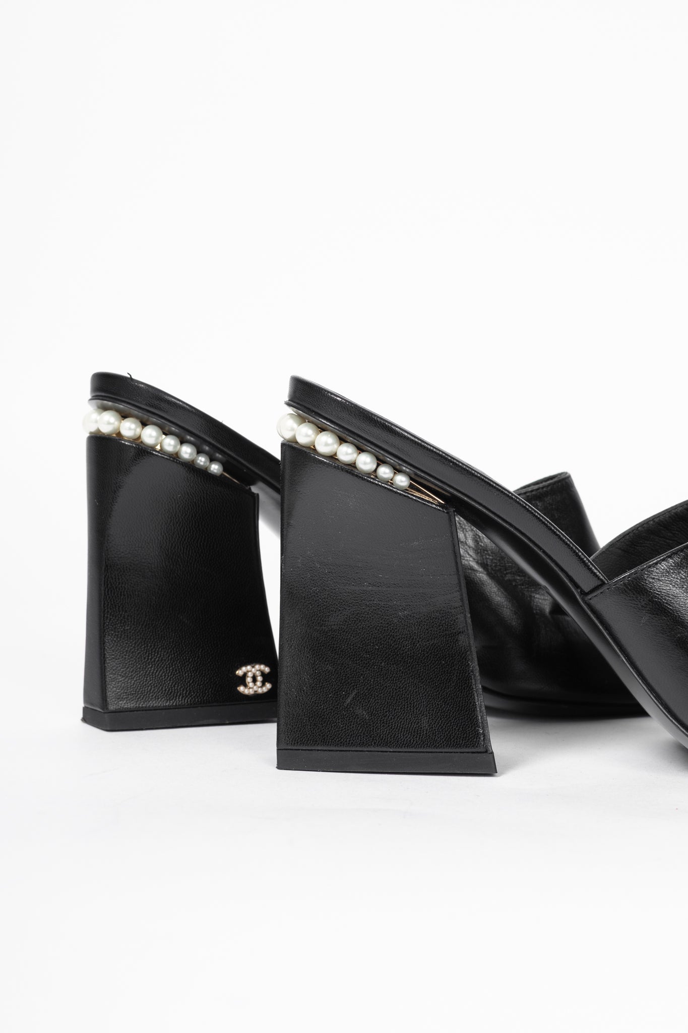 Chanel Black Leather Pearl-Embellished Heeled Mules