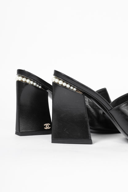 Chanel Black Leather Pearl-Embellished Heeled Mules
