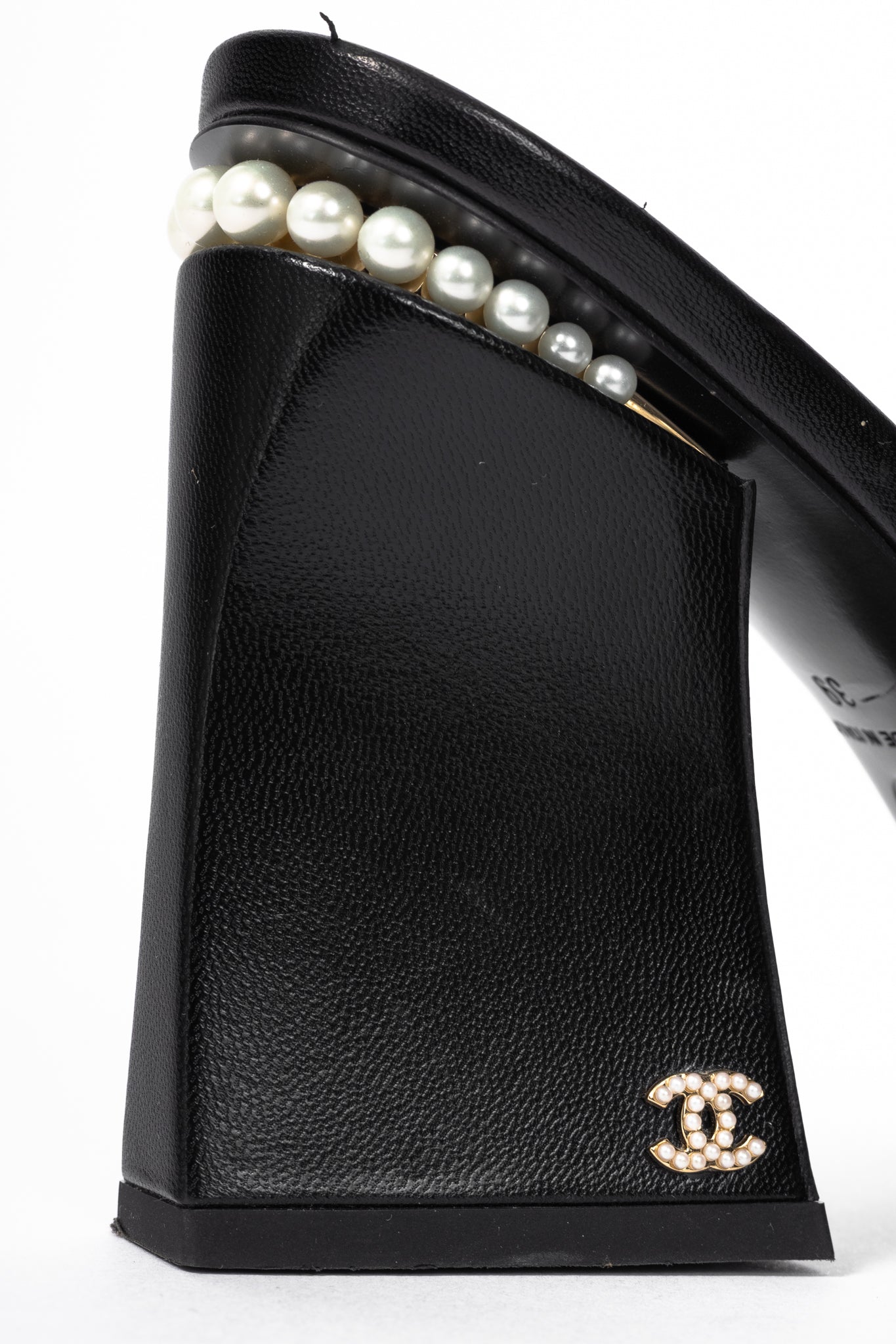 Chanel Black Leather Pearl-Embellished Heeled Mules