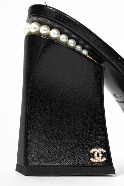 Chanel Black Leather Pearl-Embellished Heeled Mules