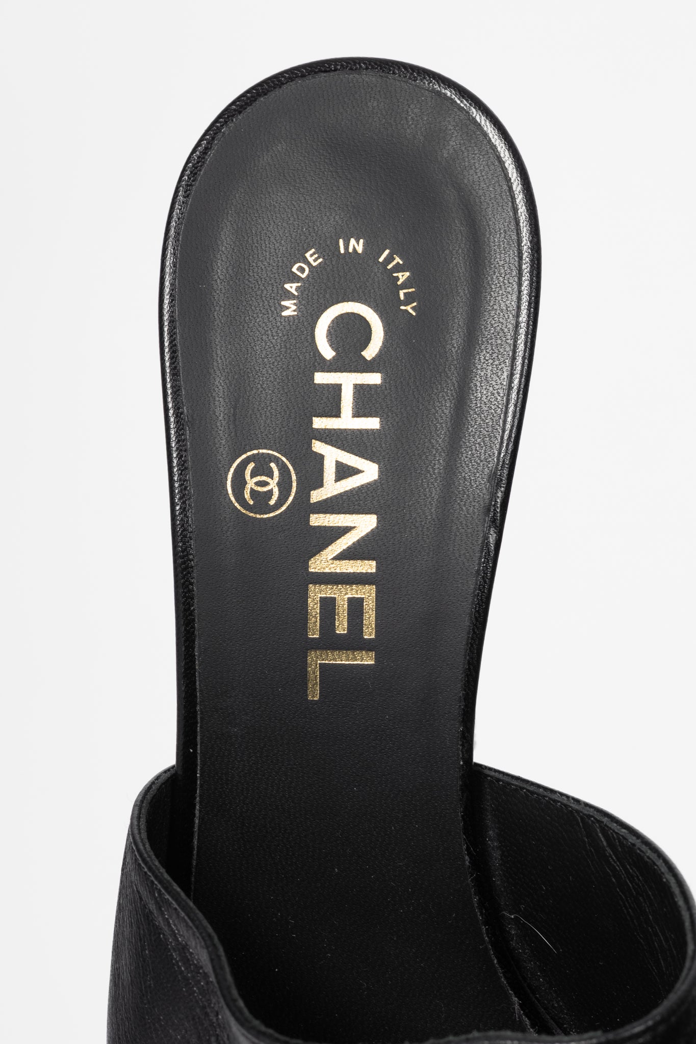 Chanel Black Leather Pearl-Embellished Heeled Mules