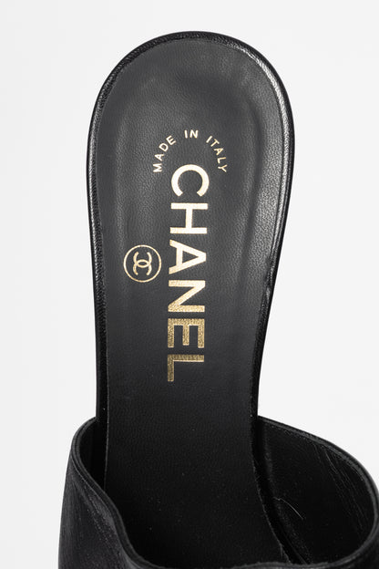 Chanel Black Leather Pearl-Embellished Heeled Mules
