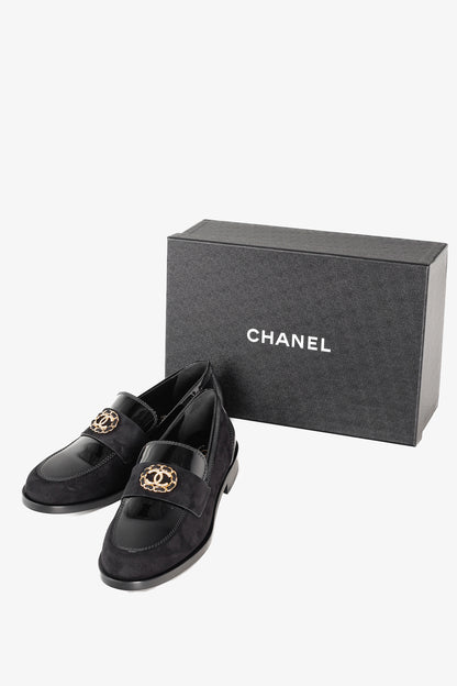 Chanel 22K Black Patent and Suede Crystal-CC Loafers