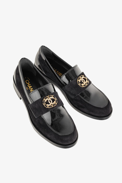 Chanel 22K Black Patent and Suede Crystal-CC Loafers