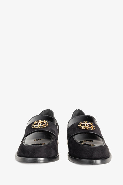 Chanel 22K Black Patent and Suede Crystal-CC Loafers