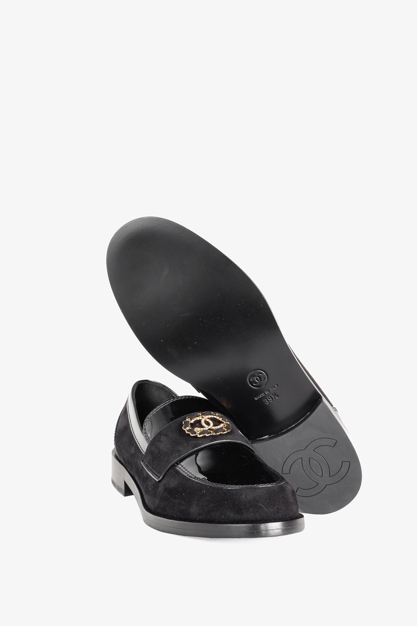 Chanel 22K Black Patent and Suede Crystal-CC Loafers