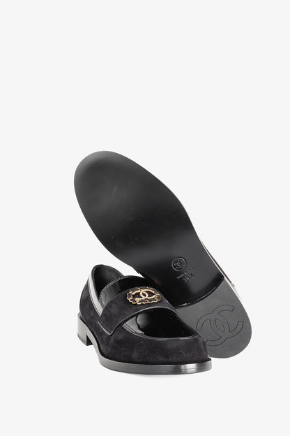 Chanel 22K Black Patent and Suede Crystal-CC Loafers