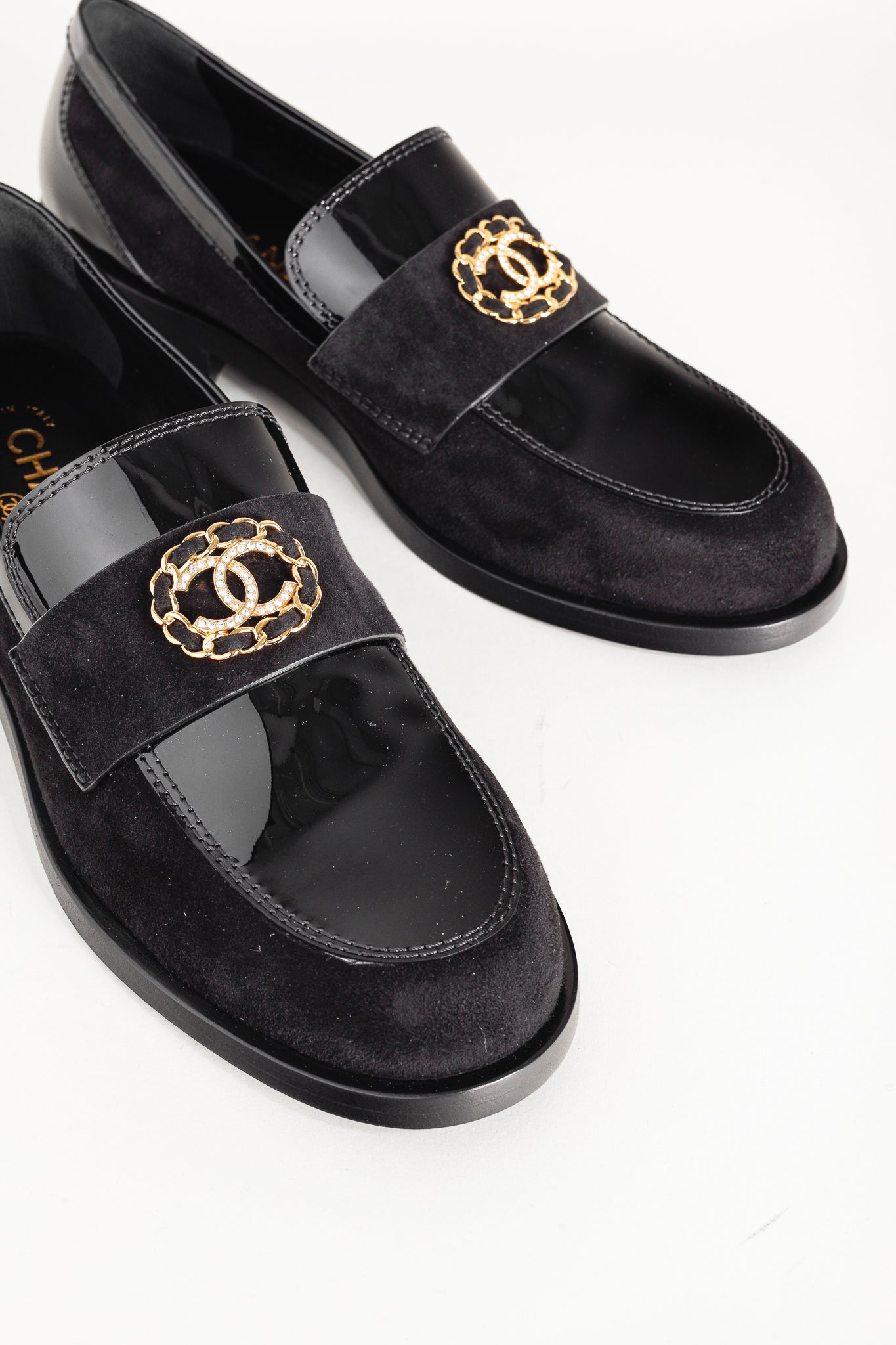 Chanel 22K Black Patent and Suede Crystal-CC Loafers