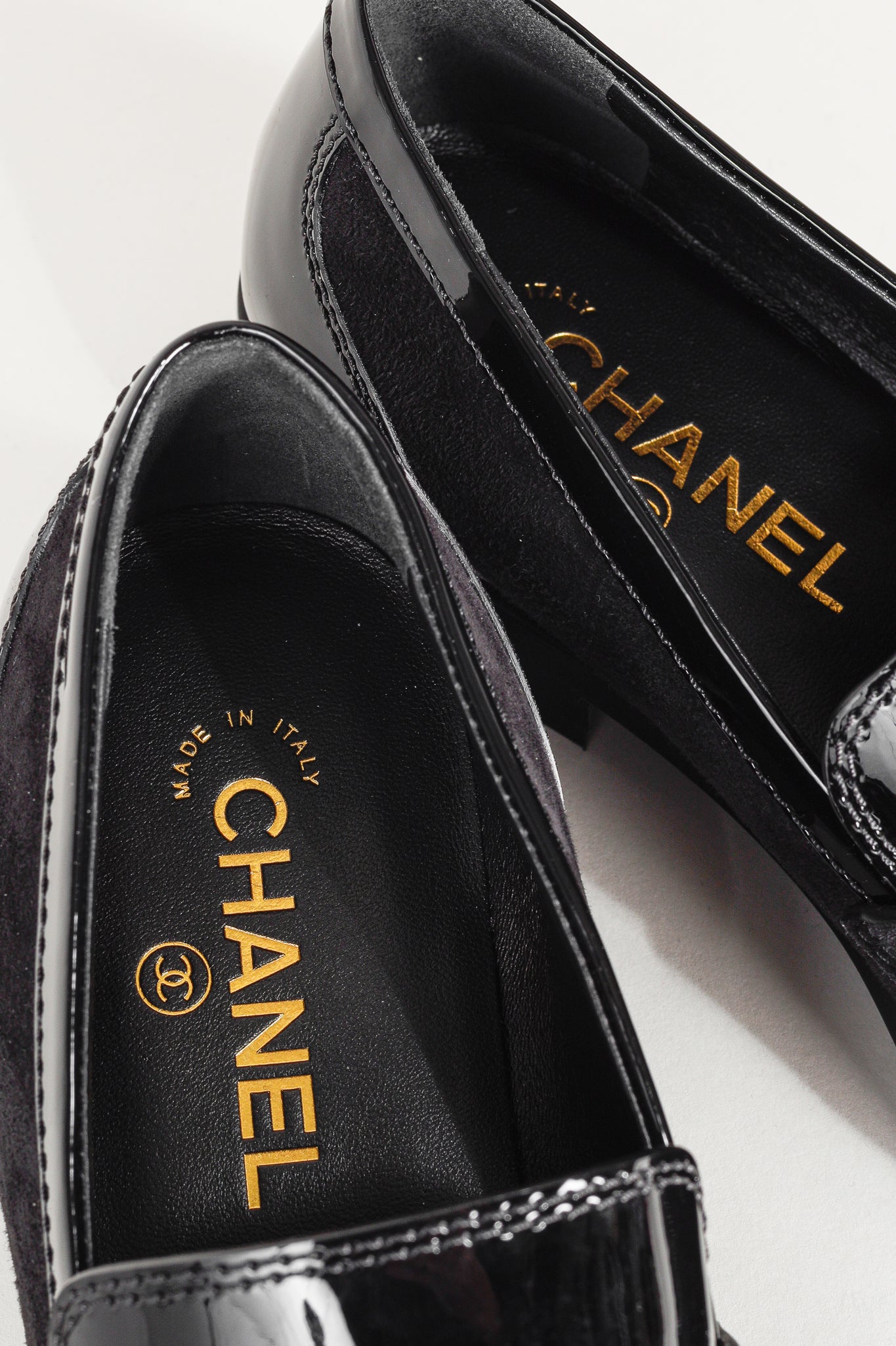 Chanel 22K Black Patent and Suede Crystal-CC Loafers