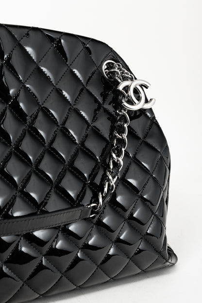 Chanel Just Mademoiselle Large Black Quilted Patent Leather Handbag
