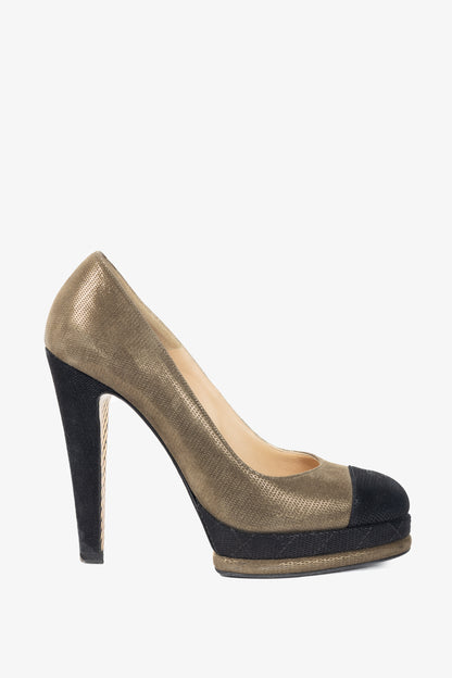 Chanel 12A Khaki & Noir Suede Cap-Toe Pumps