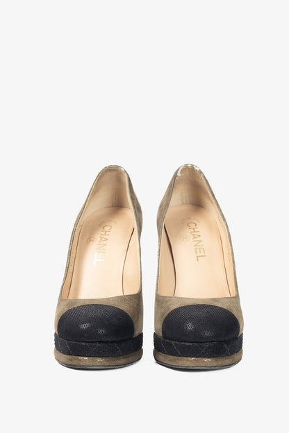 Chanel 12A Khaki & Noir Suede Cap-Toe Pumps