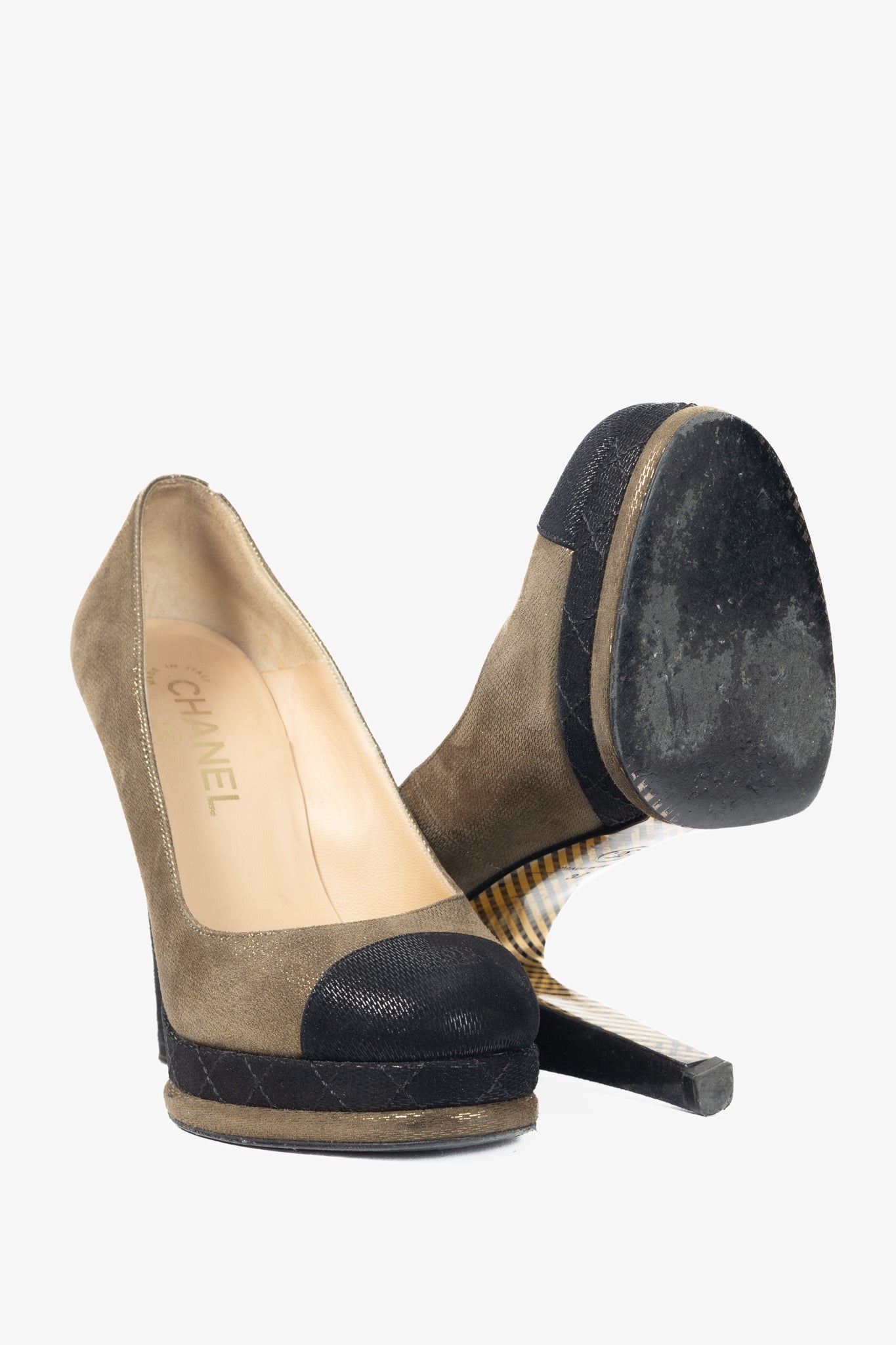 Chanel 12A Khaki & Noir Suede Cap-Toe Pumps