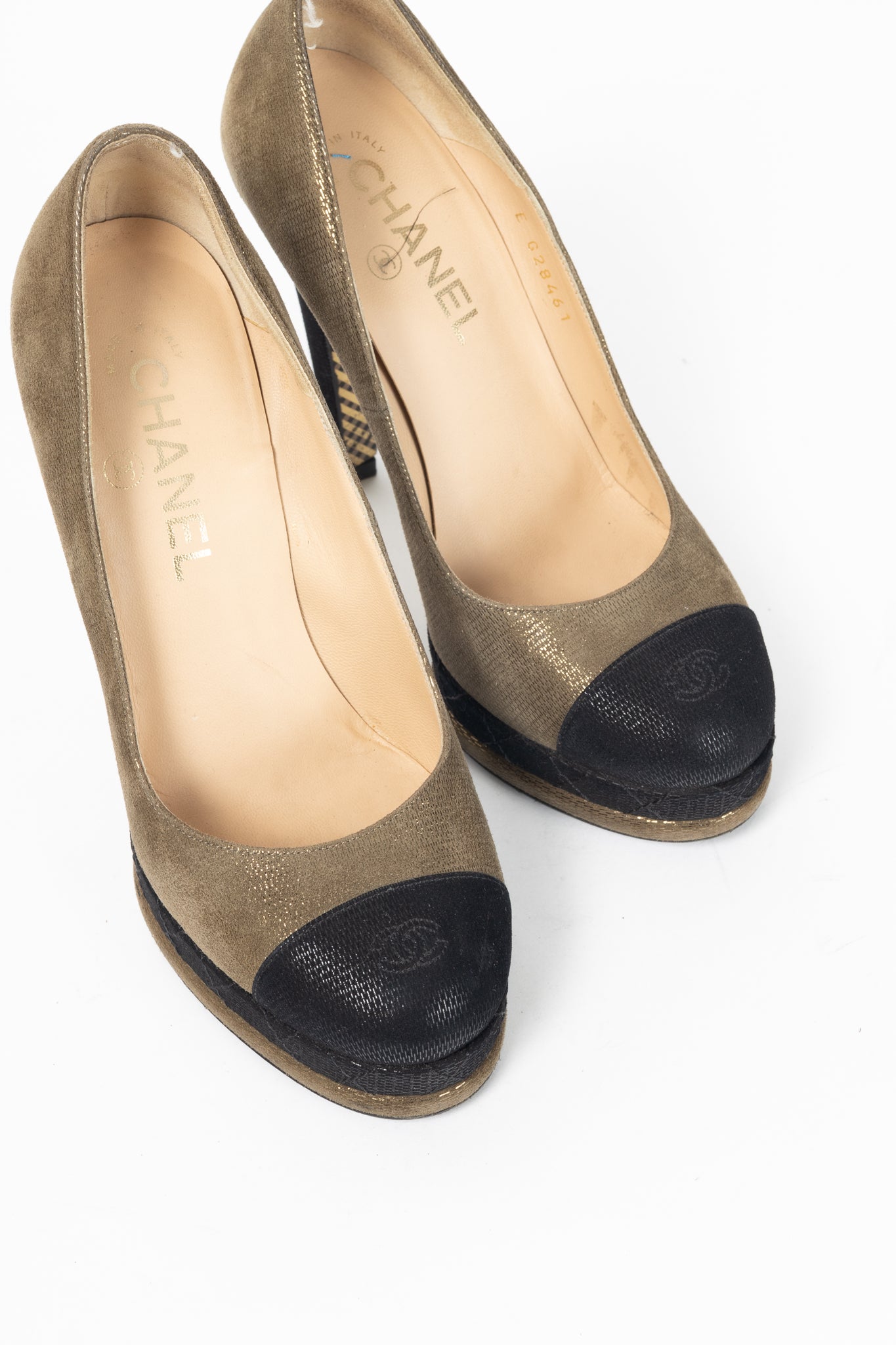 Chanel 12A Khaki & Noir Suede Cap-Toe Pumps