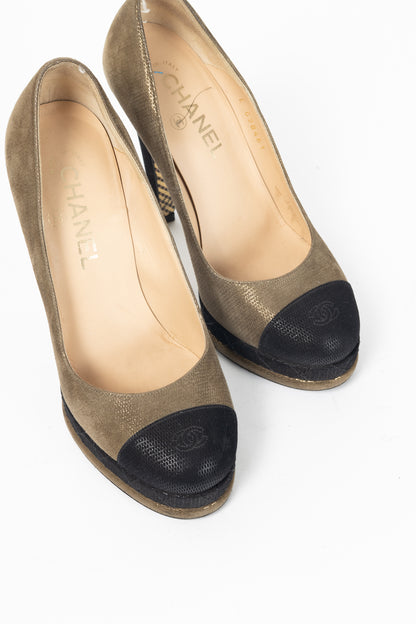 Chanel 12A Khaki & Noir Suede Cap-Toe Pumps