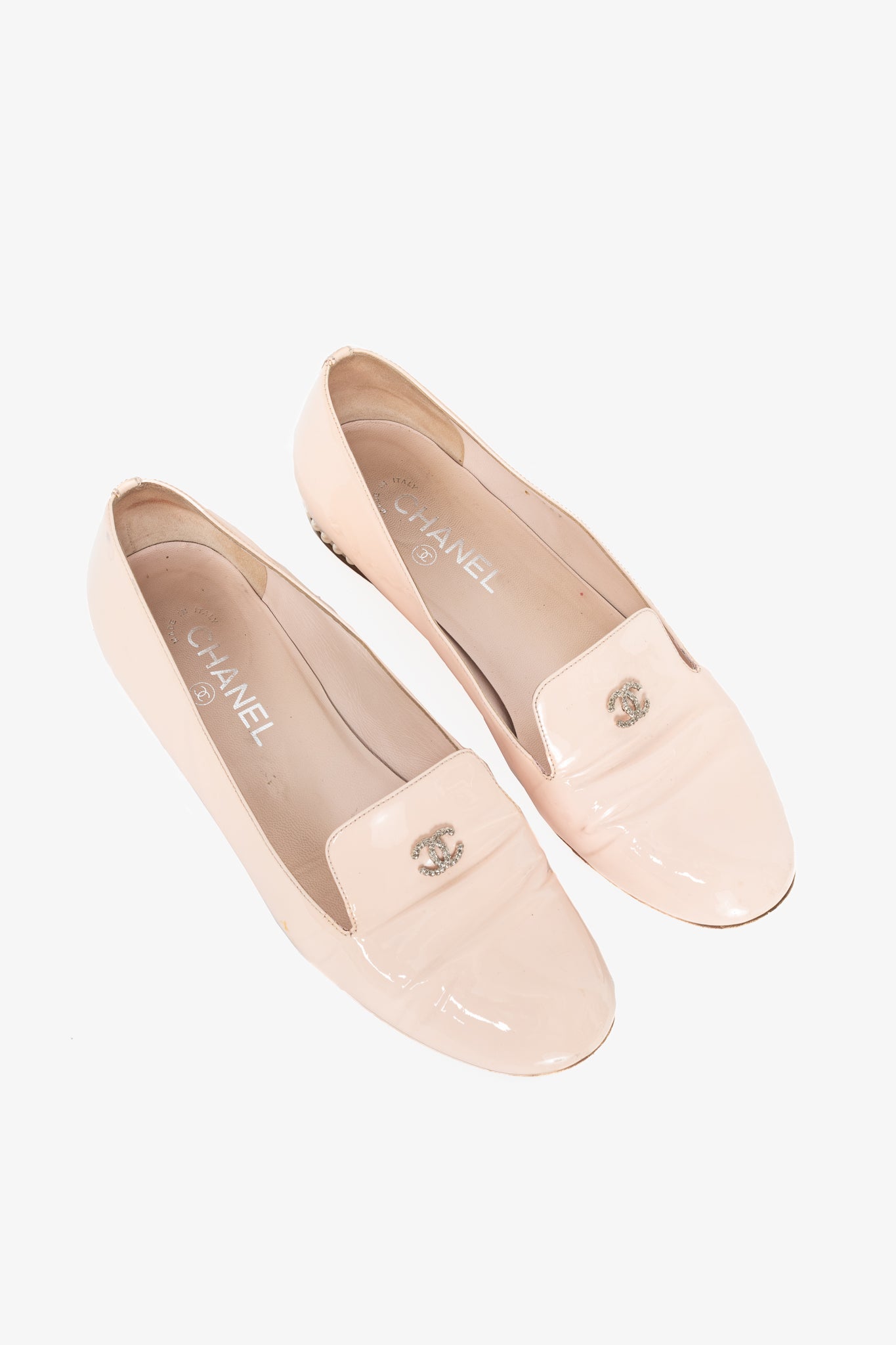 Chanel 16C Pink Patent Leather Pearl-Heel CC Loafers