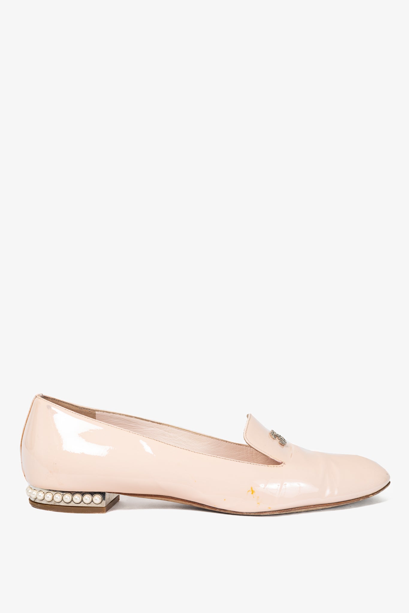 Chanel 16C Pink Patent Leather Pearl-Heel CC Loafers
