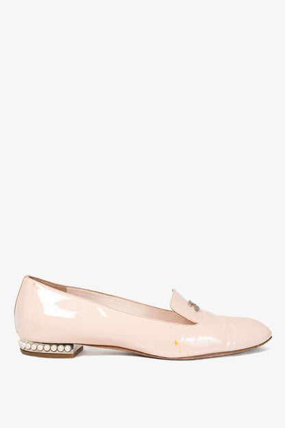 Chanel 16C Pink Patent Leather Pearl-Heel CC Loafers