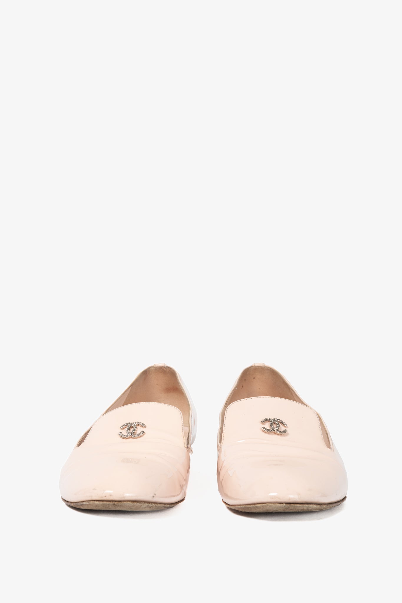 Chanel 16C Pink Patent Leather Pearl-Heel CC Loafers