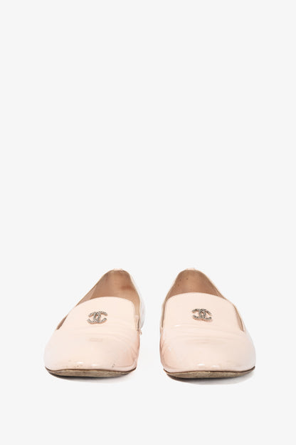 Chanel 16C Pink Patent Leather Pearl-Heel CC Loafers