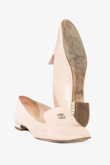 Chanel 16C Pink Patent Leather Pearl-Heel CC Loafers