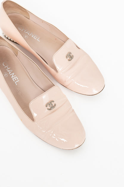 Chanel 16C Pink Patent Leather Pearl-Heel CC Loafers