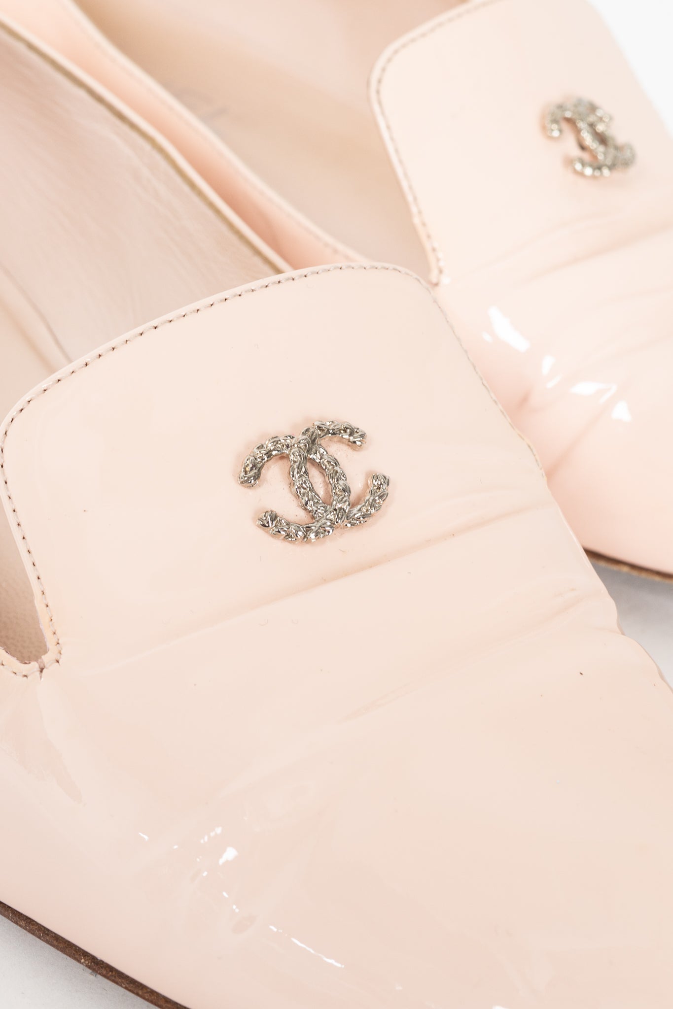 Chanel 16C Pink Patent Leather Pearl-Heel CC Loafers