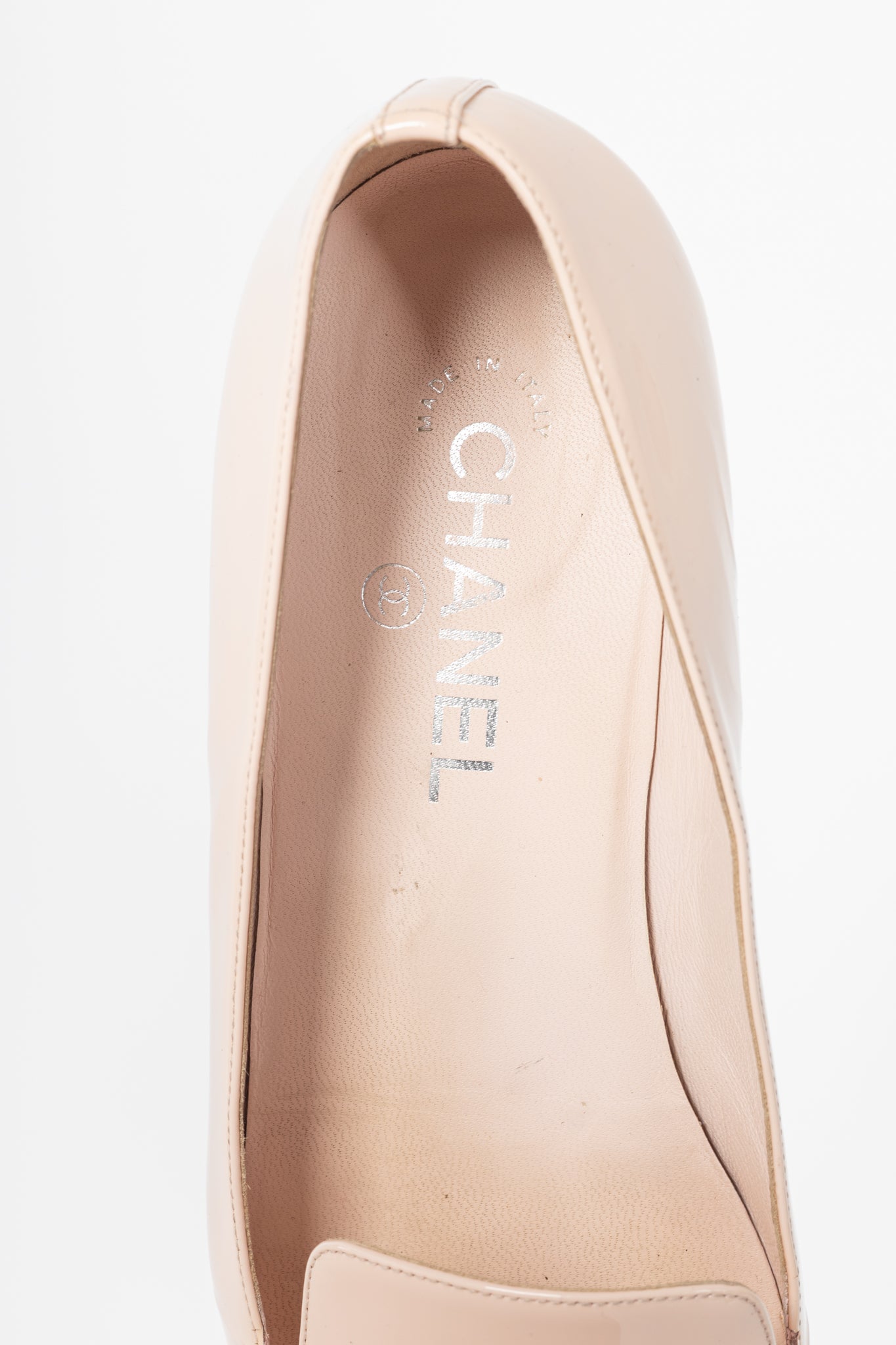 Chanel 16C Pink Patent Leather Pearl-Heel CC Loafers