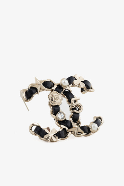 Chanel Black Leather Embellished CC-Logo Brooch