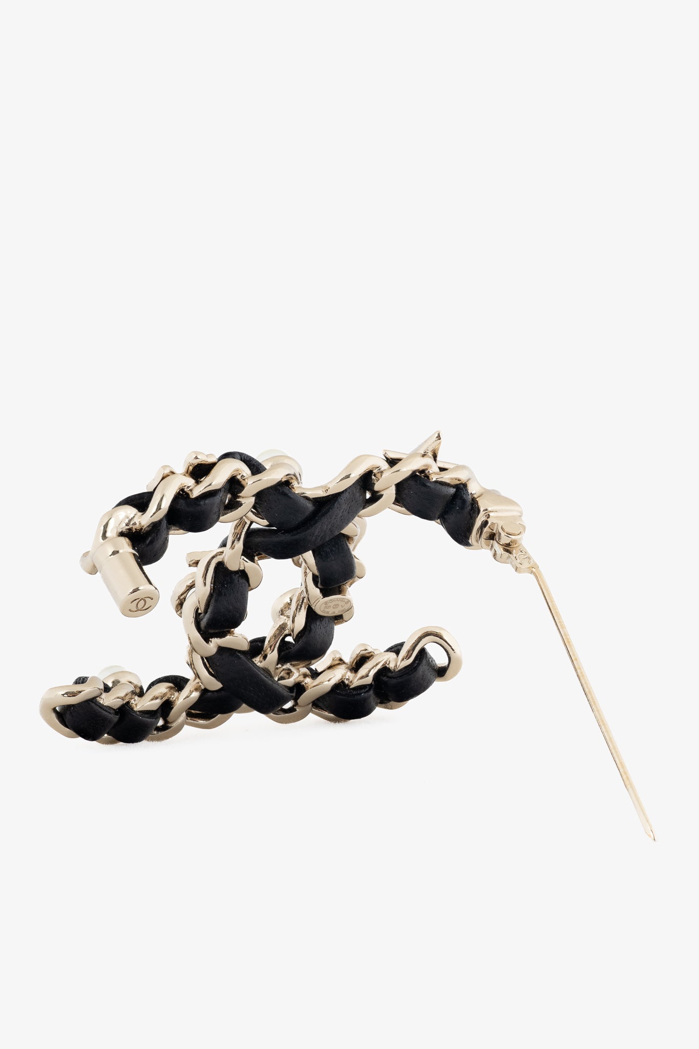 Chanel Black Leather Embellished CC-Logo Brooch
