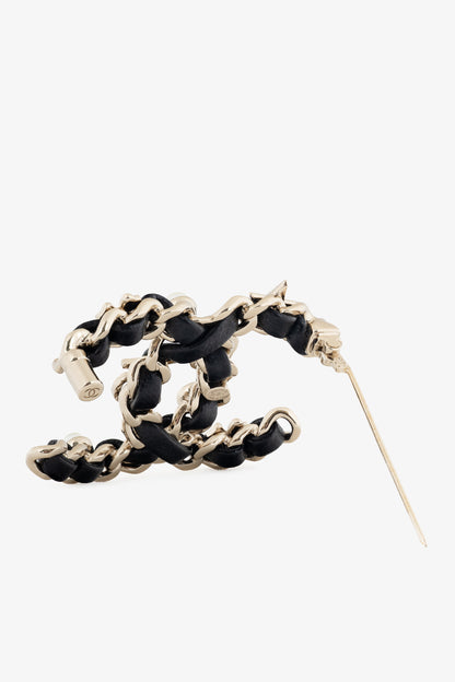 Chanel Black Leather Embellished CC-Logo Brooch
