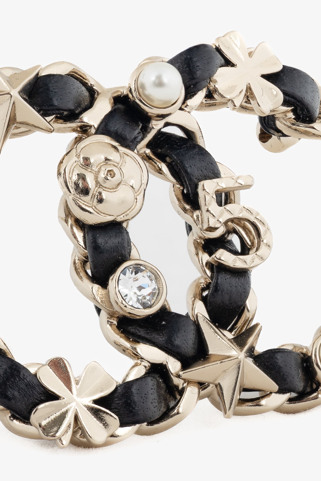 Chanel Black Leather Embellished CC-Logo Brooch