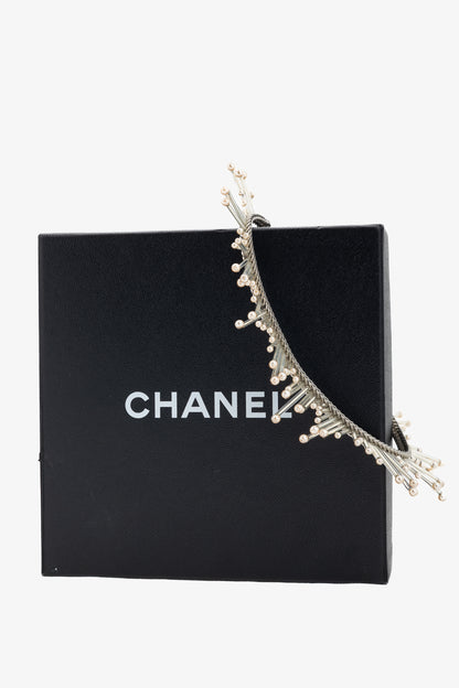 Chanel 98P Silver-Tone Faux-Pearl-Embellished Chain Choker Necklace