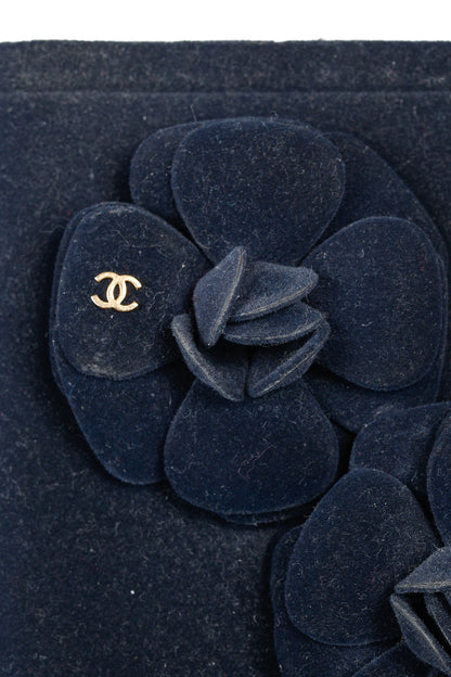 Chanel 11A Navy Velvet Camellia Rubber Rain Boots