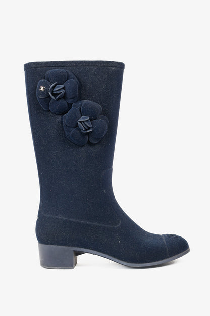 Chanel 11A Navy Velvet Camellia Rubber Rain Boots