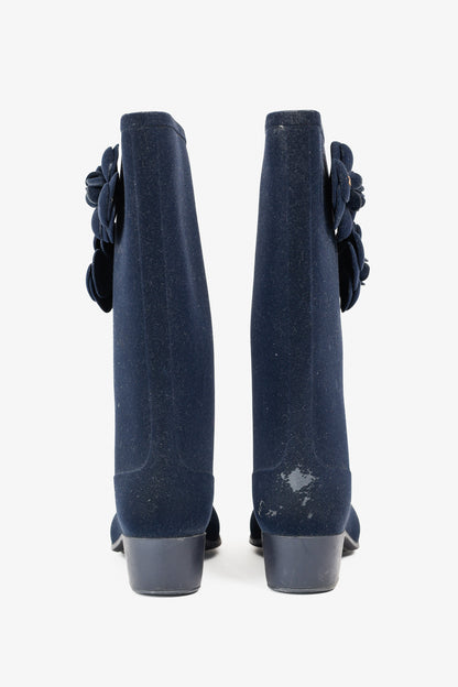 Chanel 11A Navy Velvet Camellia Rubber Rain Boots