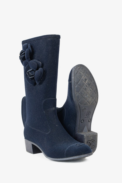 Chanel 11A Navy Velvet Camellia Rubber Rain Boots