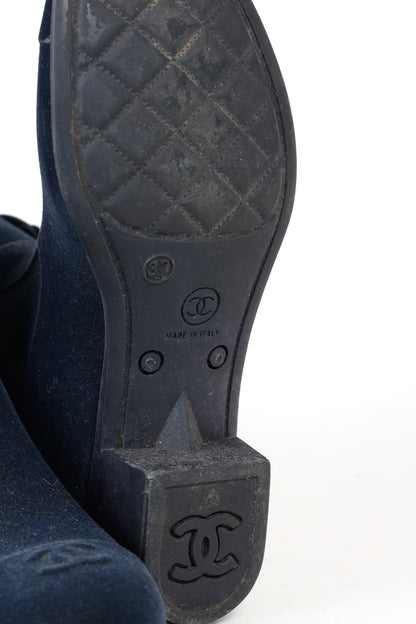Chanel 11A Navy Velvet Camellia Rubber Rain Boots