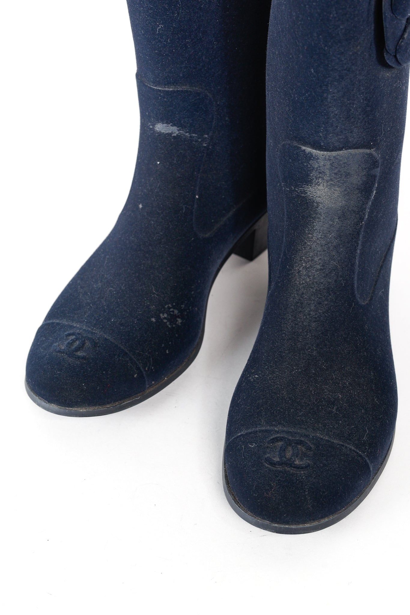 Chanel 11A Navy Velvet Camellia Rubber Rain Boots