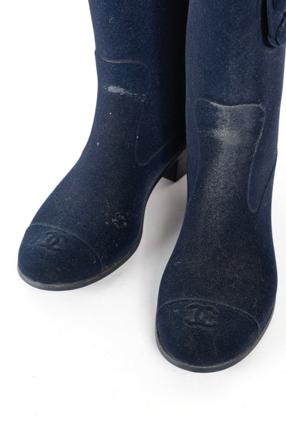 Chanel 11A Navy Velvet Camellia Rubber Rain Boots