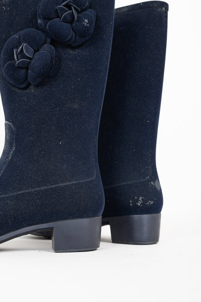 Chanel 11A Navy Velvet Camellia Rubber Rain Boots