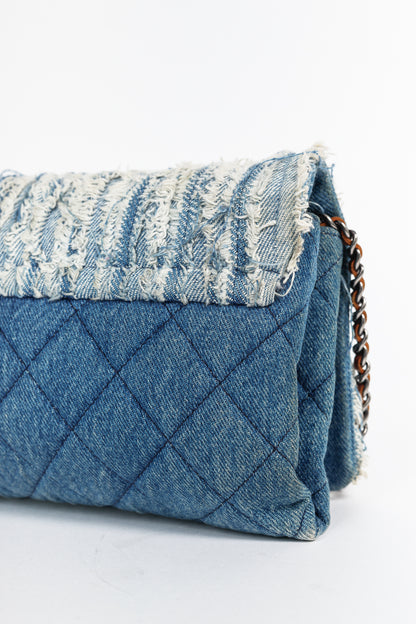 Chanel 15P Blue Denim Fringe CC Medium Flap Bag