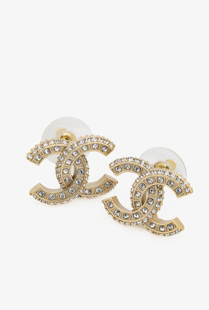 Chanel B25 Gold-Tone Crystal-Embellished CC Stud Earrings