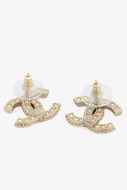 Chanel B25 Gold-Tone Crystal-Embellished CC Stud Earrings