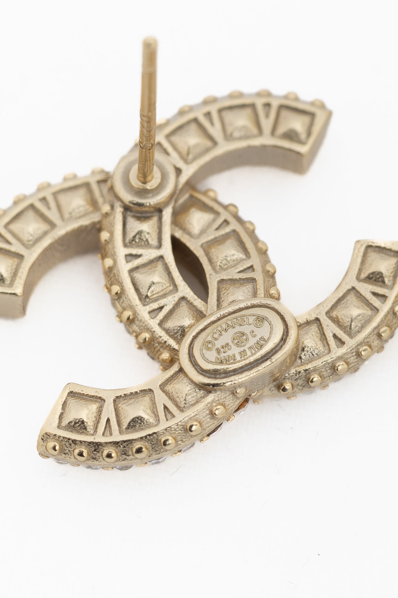 Chanel B25 Gold-Tone Crystal-Embellished CC Stud Earrings